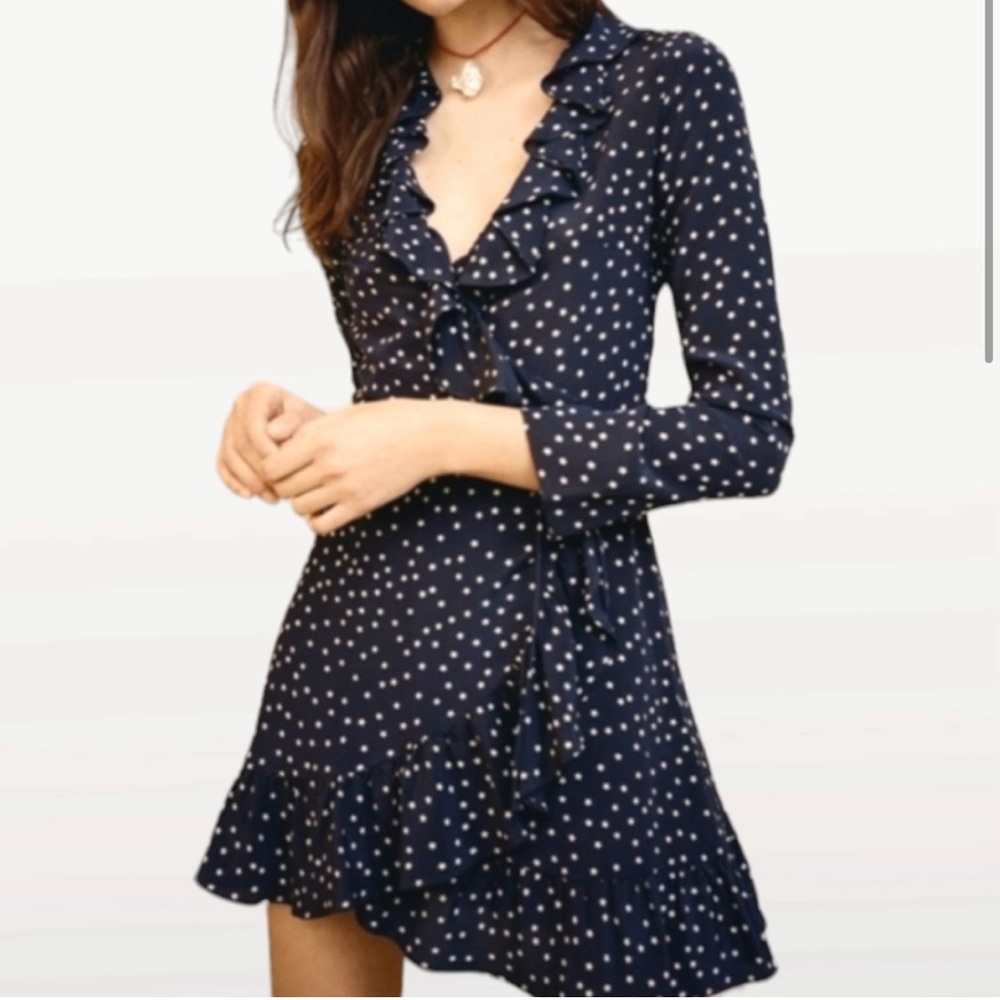 Navy Polka Dot Ruffle Wrap Dress